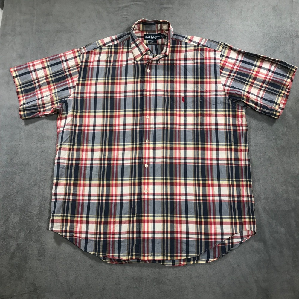 Ralph Lauren Blake Plaid Short Sleeve Button Down Shirt Mens L Red Blue Vintage